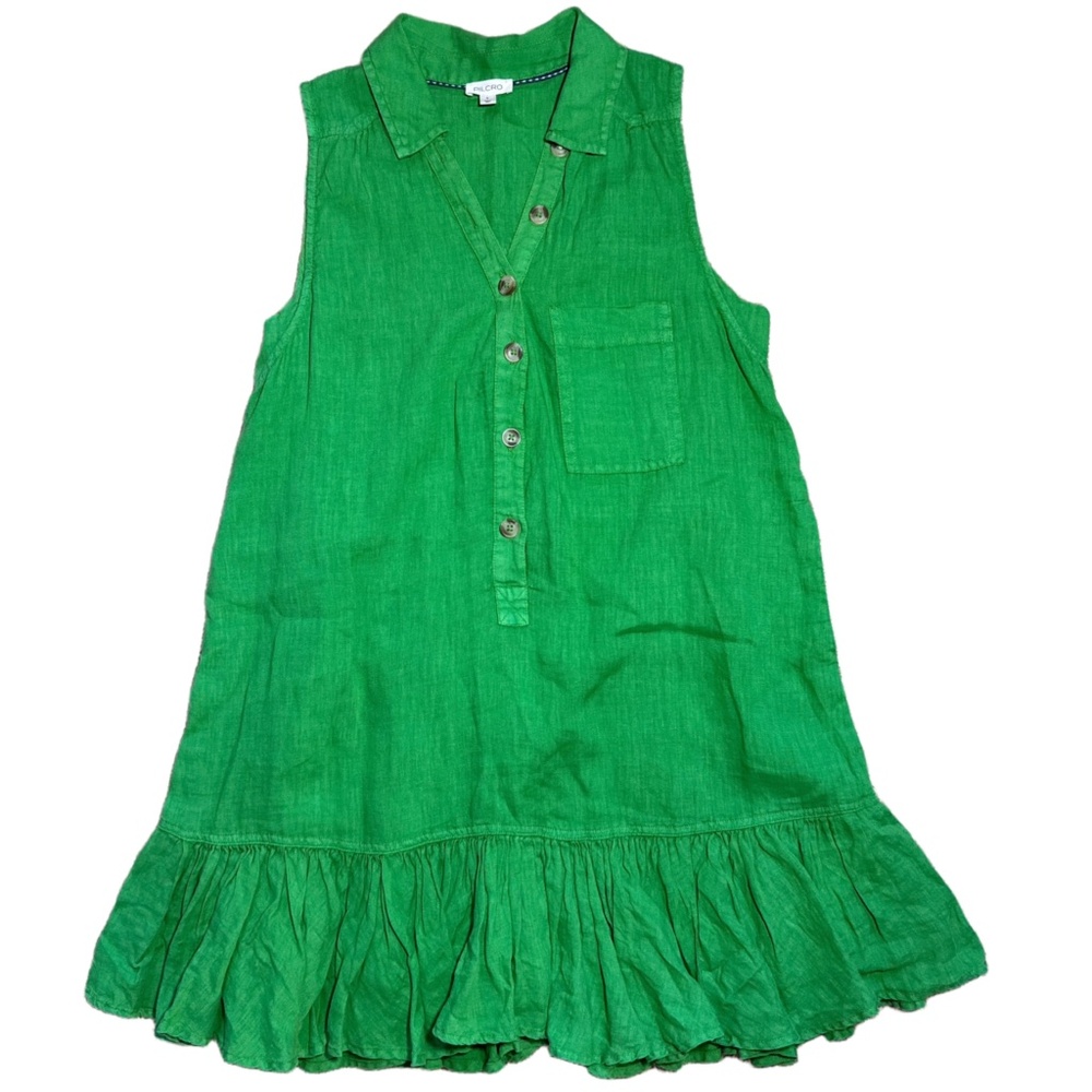 Anthropologie Pilcro Green Sleevless Ruffle Hem Mini Dress Linen